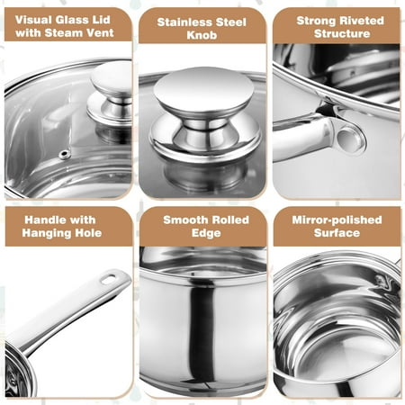 Walchoice 13-Piece Stainless Steel Cookware Set, Kitchen Pots and Pans Set with Glass Lid for Cooking, Induction & Dishwasher Safe, Silver