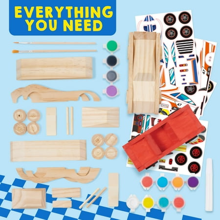 SYNCFUN 4 Piece Wooden Race Car Building & Painting Art Kit for Kids,Birthday Gift for Boys Ages 6+