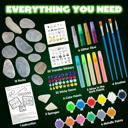 12 Rock Painting Kit, 43 Pcs Arts and Crafts for Kids Ages 5-7, Art Supplies with 18 Paints (Glow in The Dark & Metallic & Standard), Craft Paint Kits for Boys and Girls Ages 8-11, Old