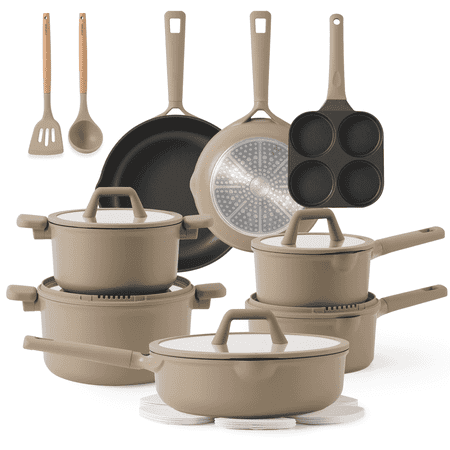 Carote 19 Pcs Nonstick Cookware Sets, Non Stick Pots and Pans Set, Induction Cookware, Taupe, Gray