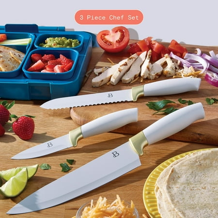 Beautiful 3-Piece Soft Grip Stainless Steel Chef Knife Set White and Gold by Drew Barrymore