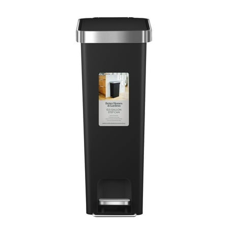 Better Homes & Gardens 10.5 Gallon Kitchen Step Trash Can, Plastic Slim Step-On Kitchen Trash Can, Black, Black