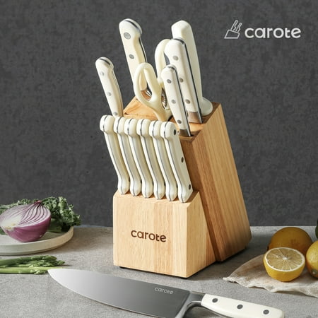Carote 14 Pcs Knife Set with Wooden Block Stainless Steel Knives with Ergonomic Handle, Forged, White