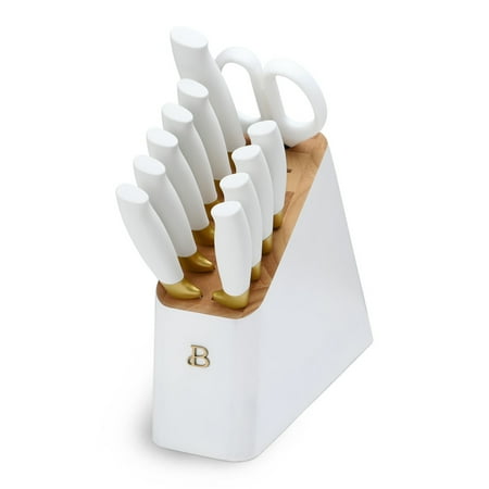 Beautiful 12 Piece Stainless Steel Knife Block Set, Soft-Grip Handles White Icing by Drew Barrymore, White