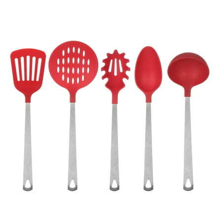 Mainstays Stainless Steel and Nylon Cooking Tool Set, Spoon, Spatula, Ladle, Pasta Spoon and Skimmer Assorted Colors