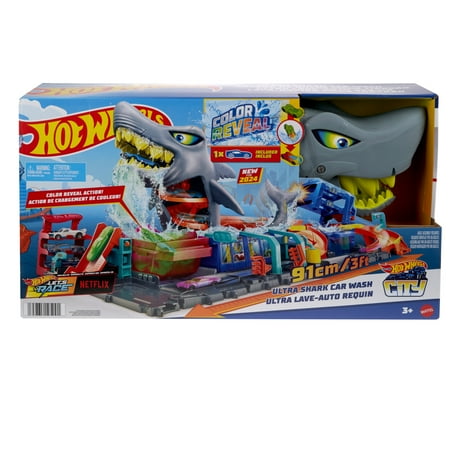 Hot Wheels City Ultra Shark Car Wash with Color Reveal Toy Car in 1:64 Scale, Ages 3-8, 8.34 in