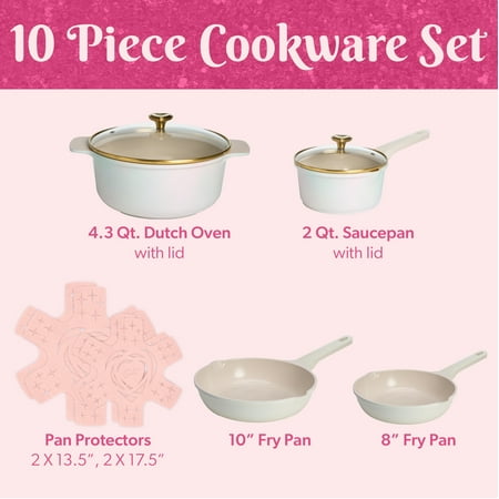 Paris Hilton Clean Ceramic Nonstick Cast Aluminum Cookware Set with Heart Knobs, Iridescent White, Other