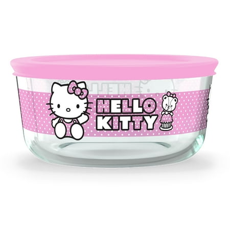 Pyrex Hello Kitty 4-Cup Round Glass Storage Container with Pink Airtight Lid, 2-Piece