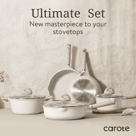 Carote Nonstick Pots and Pans Set, Induction Kitchen Cookware Sets Non Stick, 8 Pcs Beige Granite