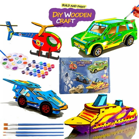 Build & Paint Your Own Wooden Cars, Monster Truck, Helicopter, Cruise Liner, DIY Wood Craft Kit, Easy to Assemble Arts Crafts Kit, Birthday Party Presents for Kids Boys Ages 6 and Up