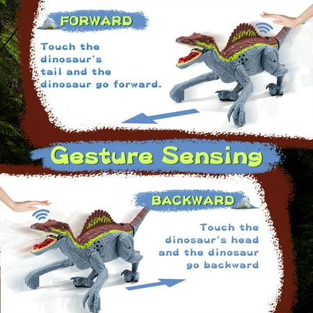 JoyStone Remote Control Dinosaur Toys, Gesture Sensing RC Dinosaurs - Realistic Walking, Roaring, and Spraying Spinosaurus Toys Robot Dinosaur for Kids, Grey