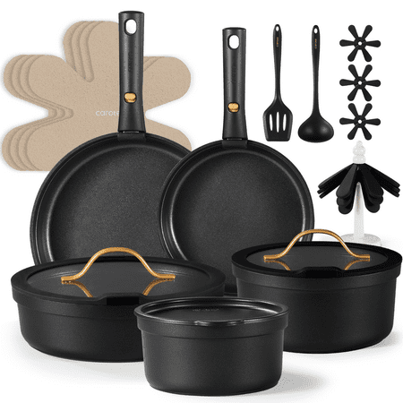 Carote Nonstick Cookware Sets, 19 Pcs Non Stick Pots and Pans Set with Removable Handle, BlackBlack, 20pcs,