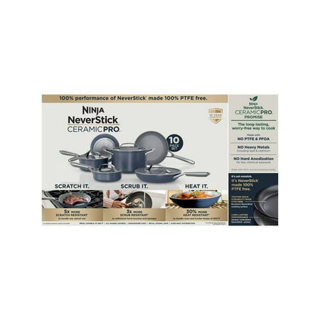 Ninja Neverstick Ceramic Pro 10 Piece Nonstick Ceramic and Aluminum Cookware Set, Stainless Steel, Blue
