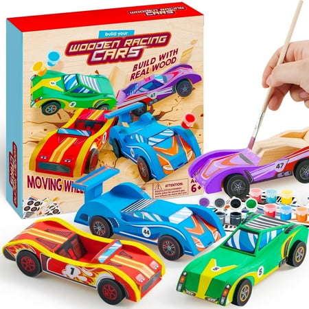 SYNCFUN 4 Piece Wooden Race Car Building & Painting Art Kit for Kids,Birthday Gift for Boys Ages 6+