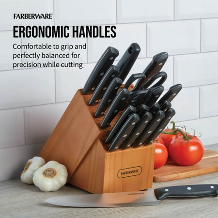 Farberware Stamped 20 Piece Triple Rivet Stainless Steel Kitchen Knife Set with Block Black