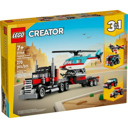 LEGO Creator 3 in 1 Flatbed Truck with Helicopter Toy, Transforms from Flatbed Truck Toy to Propeller Plane to Hot Rod and SUV Car Toys, Gift Idea for Boys and Girls Ages 7 Years Old and Up, 31146