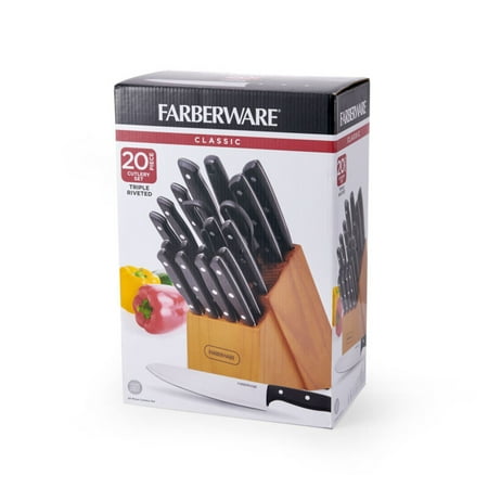 Farberware Stamped 20 Piece Triple Rivet Stainless Steel Kitchen Knife Set with Block Black