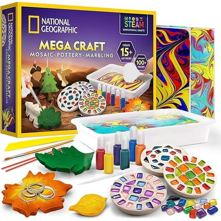 NATIONAL GEOGRAPHIC Mega Arts and Crafts Kit for Kids, Mosaic Kit, Marbling Paint Kit & Air Dry Clay Pottery Kit - Art Projects for Kids Ages 8-12, Crafts for Girls and Boys