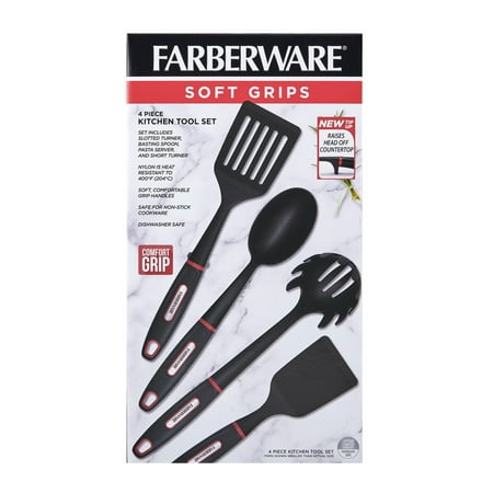 Farberware Soft Grips Set-4 Slotted Turner, Turner, Basting Spoon, and Pasta Server, Black
