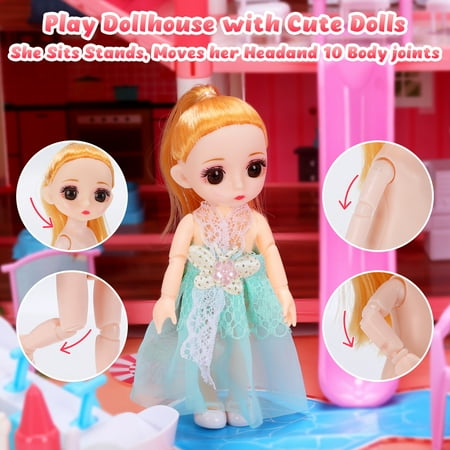 JoyStone Play Dollhouse with Doll Toy Figures, 14 Rooms Furniture and Colorful Lights, Creative Doll House Gift for Girls Ages 3+, Assemble Required, Pink, Pink