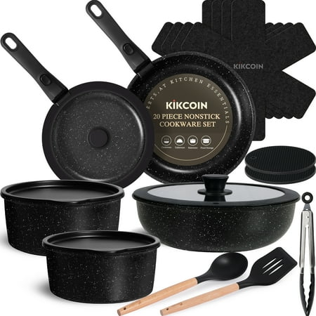 Kikcoin 20-Piece Nonstick Pots and Pans Set, Non-Toxic Coating Cookware Set with Removable Handles, Induction/Oven Safe(Black)