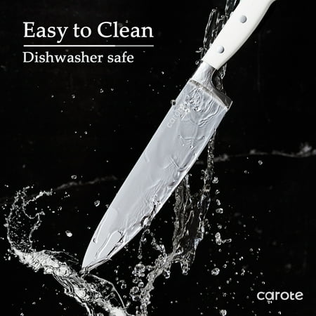 Carote 14 Pcs Knife Set with Wooden Block Stainless Steel Knives with Ergonomic Handle, Forged, White