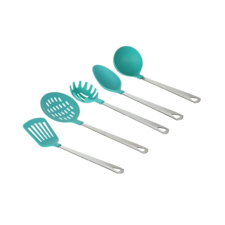 Mainstays Stainless Steel and Nylon Cooking Tool Set, Spoon, Spatula, Ladle, Pasta Spoon and Skimmer Assorted Colors