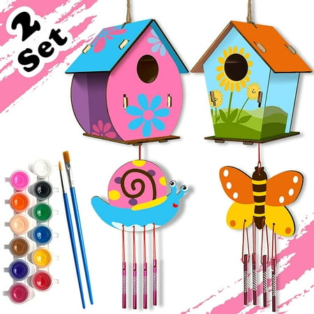 Arts and Crafts, 2 Pack DIY Bird House & Wind Chime, Kids Crafts Wooden Arts, Crafts for Kids Ages 4-8 6-8
