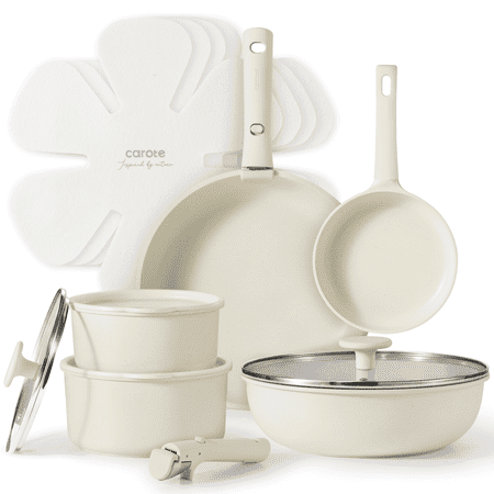Carote Nonstick Cookware Sets, 15 Pcs Non Stick Pots and Pans Set with Removable Handle, White, White
