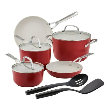 KitchenAid Ceramic Forged Aluminum Nonstick Cookware Set, 10 Piece, Empire Red