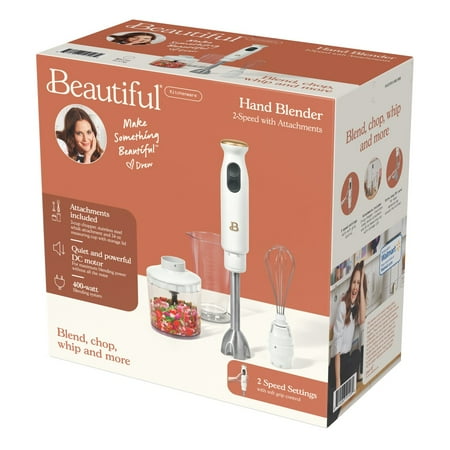 Beautiful 2-Speed Immersion Blender with Chopper & Measuring Cup, White Icing by Drew Barrymore, White