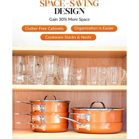 Gotham Steel Nonstick Pots and Pans 10 Piece Set Ceramic Cookware Kitchen Set Stackable Tempered Glass LidsGold,