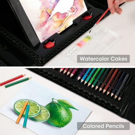 Art Supplies, 240-Piece Drawing Art kit, Gifts Art Set Case with Double Sided Trifold Easel, Includes Oil Pastels, Crayons, Colored Pencils, Watercolor Cakes, Sketch Pad (BLACK)