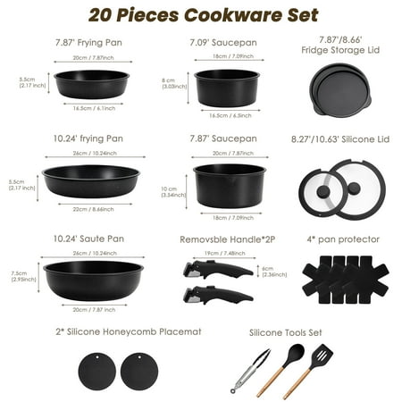Kikcoin 20-Piece Nonstick Pots and Pans Set, Non-Toxic Coating Cookware Set with Removable Handles, Induction/Oven Safe(Black)