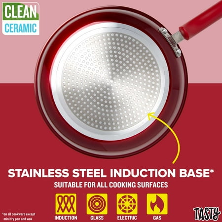 Tasty Clean Ceramic 24 Piece Non-Stick Aluminum Cookware Set, Red