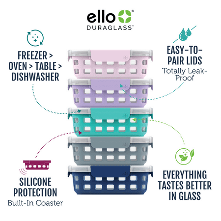 Ello Glass 3.4 Cup 27 Ounce Duraglass Food Storage Meal Prep Container Set, 10 Piece