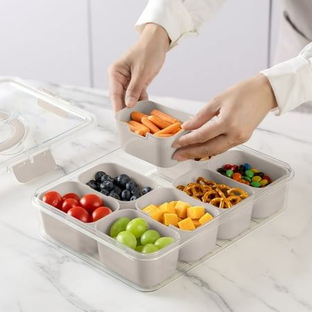 Cook With Color 8-Compartment Snackle Box, Charcuterie Container, Divided Serving Tray with Lid & Handle, TaupeGray,