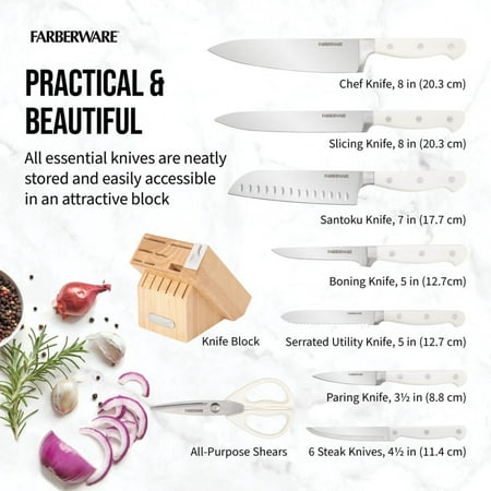 Farberware EdgeKeeper 14-Piece Forged Triple Rivet Kitchen Knife Set with Block White, White