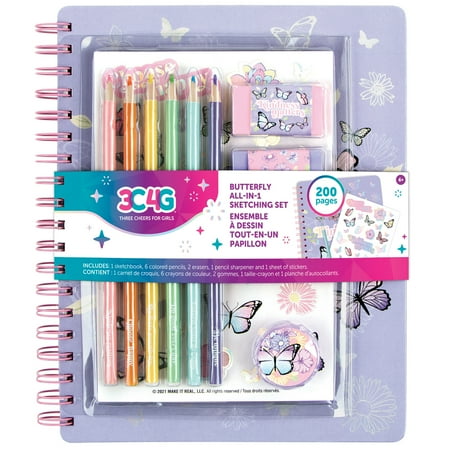 Three Cheers for Girls: Butterfly All-In-1 Sketching Arts & Craft Kit - Includes 6 Colored Pencils, 2 Erasers, Sharpener & Sticker Sheet, Tweens & Girls Ages 6+