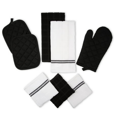 Mainstays Kitchen Towel, Dishcloth, Oven Mitt, and Pot Holder 8 Pack Set, Black, 100% Cotton, Black