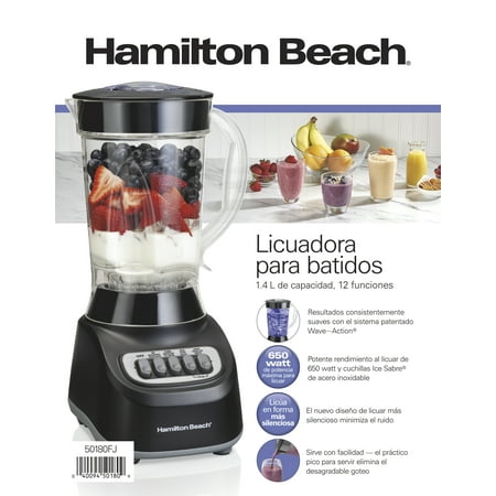 Hamilton Beach Smoothie Blender, 48 oz. Jar, Stainless Steel Blade, 12 Blending Functions, Black