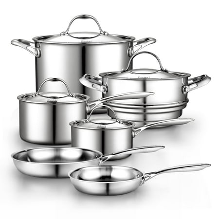 Cooks Standard Multi-Ply Clad Stainless Steel Pots and Pans Set, Kitchen Stainless Steel Cookware Set, Induction Cooking Pot, 10-Piece, 10-Piece with Fry Pan
