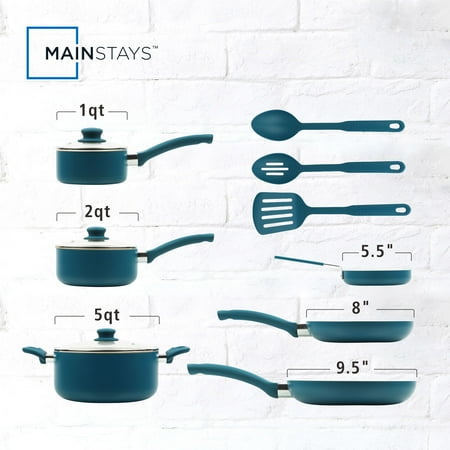 Mainstays 12 Piece Ceramic Nonstick Aluminum Pots and Pans Cookware Set, Blue, Blue
