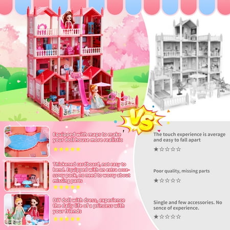 JoyStone Play Dollhouse with Doll Toy Figures, 14 Rooms Furniture and Colorful Lights, Creative Doll House Gift for Girls Ages 3+, Assemble Required, Pink, Pink