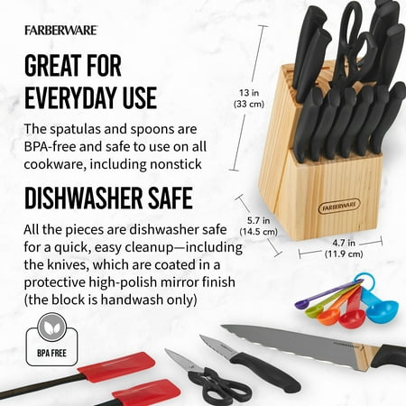 Farberware Classic 23 Piece Never Needs Sharpening Dishwasher Safe Stainless Steel Cutlery and Utensil Set in Black