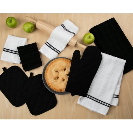 Mainstays Kitchen Towel, Dishcloth, Oven Mitt, and Pot Holder 8 Pack Set, Black, 100% Cotton, Black
