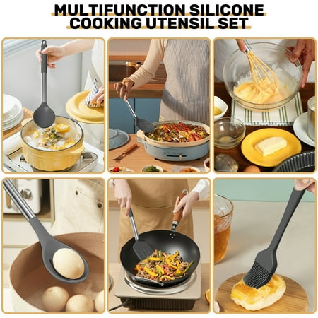 Silicone Cooking Utensil Set, 30 Pcs Kitchen Utensils Cooking Utensils Set, Food Grade Silicone Spatula Set, Non-stick Heat Resistant Silicone Cookware with Strong Stainless Steel Handle, Gray, Gray