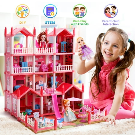 JoyStone Play Dollhouse with Doll Toy Figures, 14 Rooms Furniture and Colorful Lights, Creative Doll House Gift for Girls Ages 3+, Assemble Required, Pink, Pink