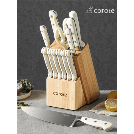 Carote 14 Pcs Knife Set with Wooden Block Stainless Steel Knives with Ergonomic Handle, Forged, White