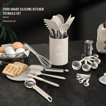 Silicone Cooking Utensils Set - Heat Resistant Stainless Steel Kitchen Utensils, Baking Tools Kitchen Gadgets,Turner, Tongs,Spatula,Spoon,Brush,Whisk,Non-Stick, Dishwasher Safe,BPA FREE (Khaki)